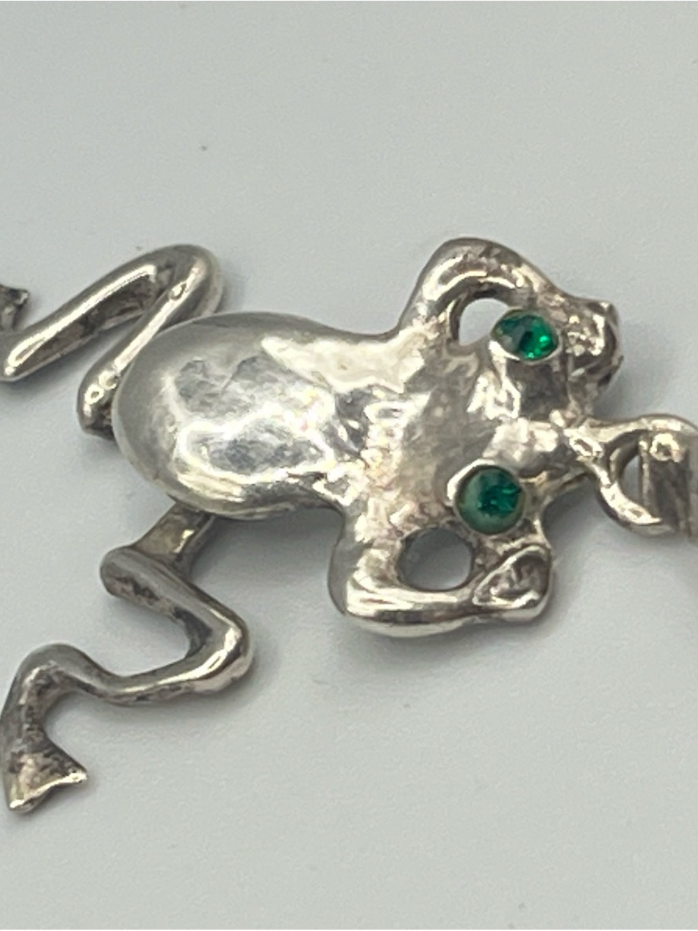 Taxco Silver Frog Pendant with Green Eye Accents